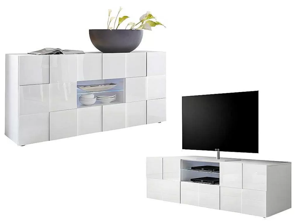 Aparador*Vente-unique Conjunto Móvel De Tv + Aparador Lacado - Branco Lacado - Calisto