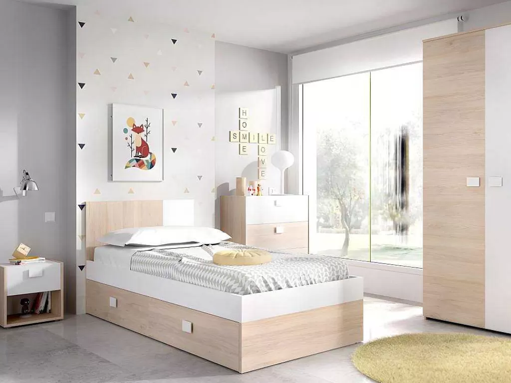 Cama Dupla*Vente-unique Conjunto Quarto Completo Cama 90 X 190 Cm + Mesa De Cabeceira + Guarda-Roupa - Sonia