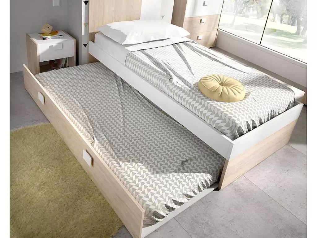Cama Dupla*Vente-unique Conjunto Quarto Completo Cama 90 X 190 Cm + Mesa De Cabeceira + Guarda-Roupa - Sonia