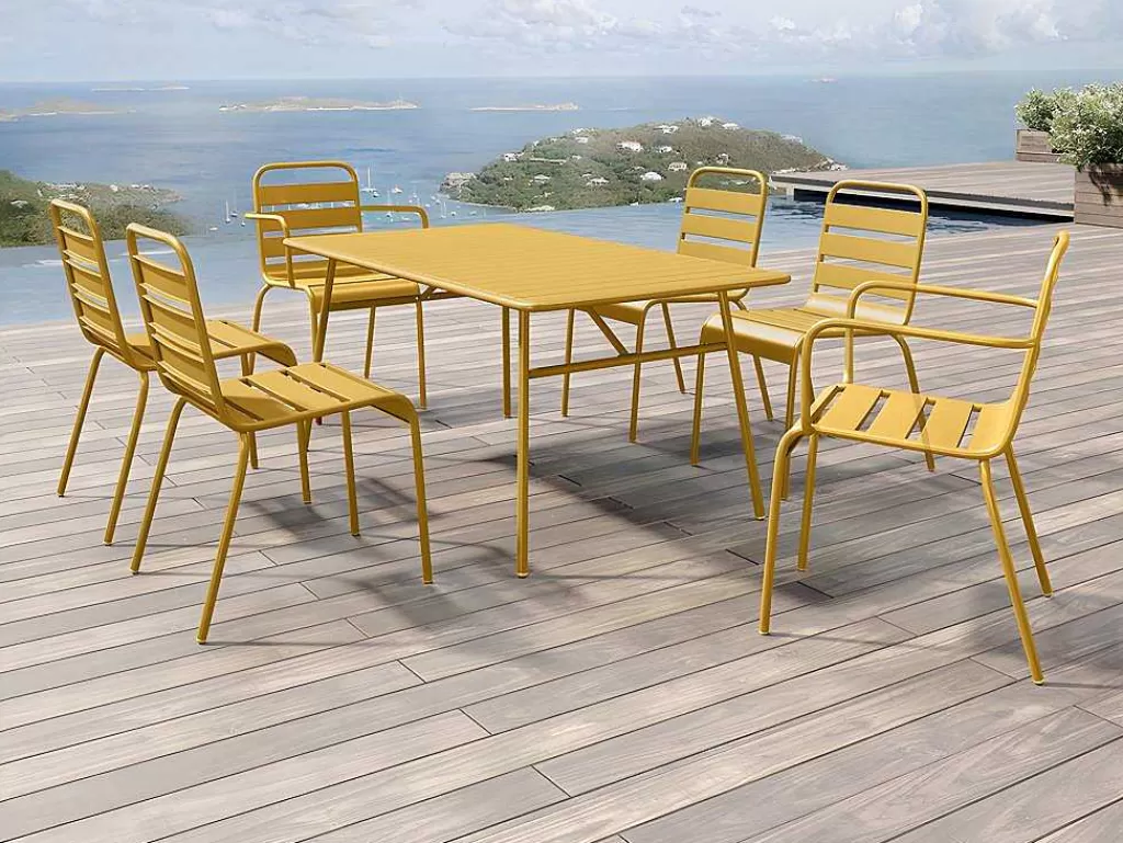 Conjunto Mesa E Cadeiras De Jardim*MYLIA Conjunto Sala De Jantar De Jardim Metal, Uma Mesa C160 Cm Com 2 Cadeiroes Empilhaveis E 4 Cadeiras Empilhaveis Amarelo Mostarda - Mirmande De