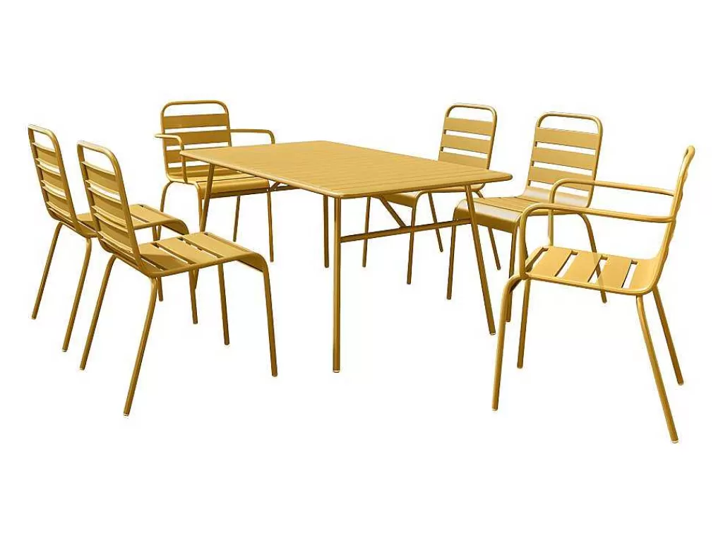 Conjunto Mesa E Cadeiras De Jardim*MYLIA Conjunto Sala De Jantar De Jardim Metal, Uma Mesa C160 Cm Com 2 Cadeiroes Empilhaveis E 4 Cadeiras Empilhaveis Amarelo Mostarda - Mirmande De
