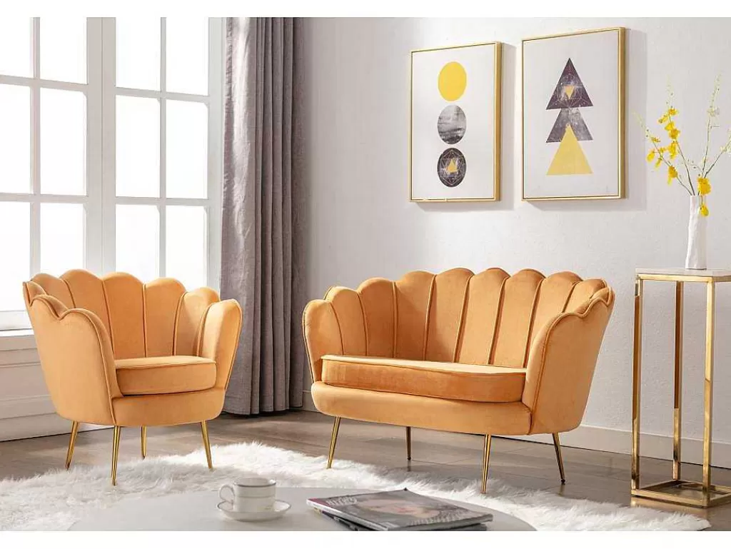 Conjunto Sofá E Poltrona*Vente-unique Conjunto Sofá De 2 Lugares E Poltrona Concha Em Veludo Amarelo-Mostarda Dandelion