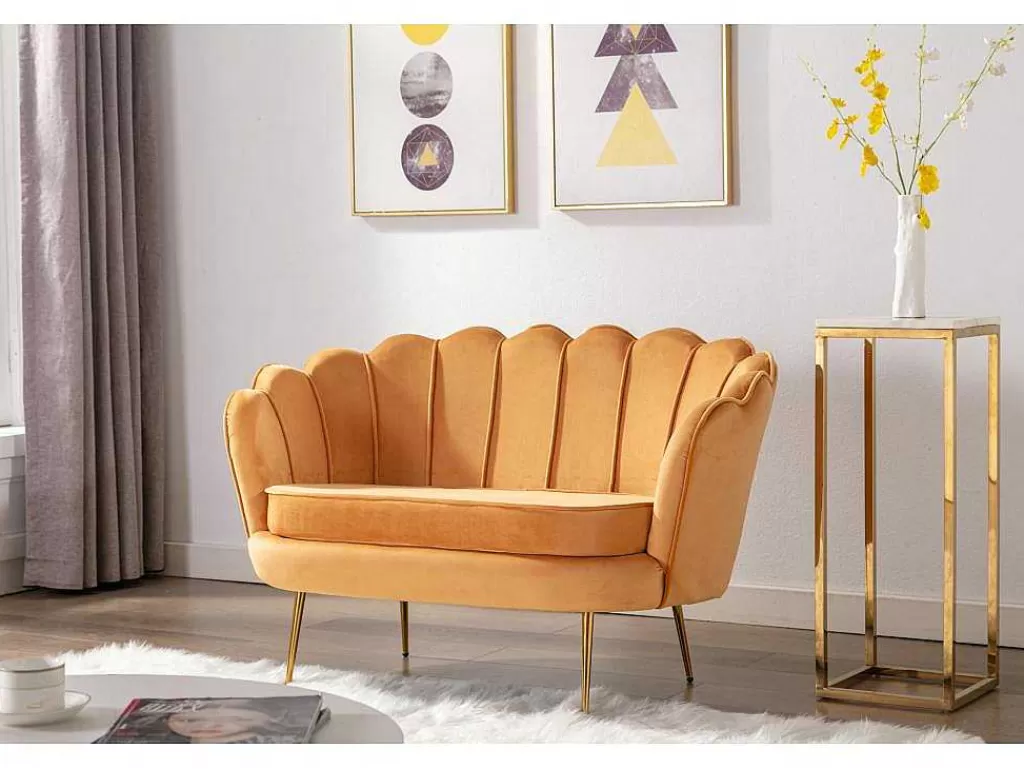 Conjunto Sofá E Poltrona*Vente-unique Conjunto Sofá De 2 Lugares E Poltrona Concha Em Veludo Amarelo-Mostarda Dandelion