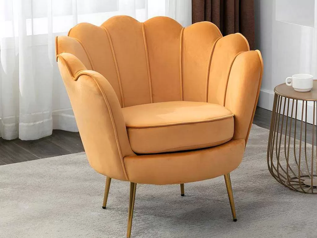 Conjunto Sofá E Poltrona*Vente-unique Conjunto Sofá De 2 Lugares E Poltrona Concha Em Veludo Amarelo-Mostarda Dandelion