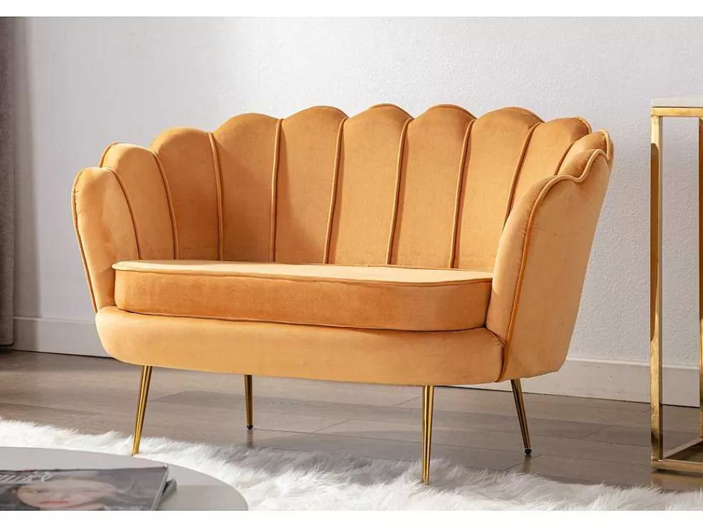 Conjunto Sofá E Poltrona*Vente-unique Conjunto Sofá De 2 Lugares E Poltrona Concha Em Veludo Amarelo-Mostarda Dandelion