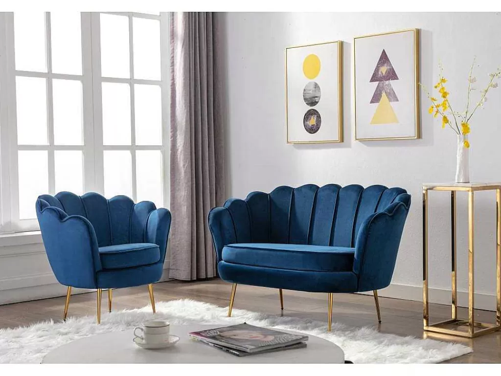 Conjunto Sofá E Poltrona*PASCAL MORABITO Conjunto Sofá De 2 Lugares E Poltrona Concha Em Veludo Azul-Escuro Dandelion