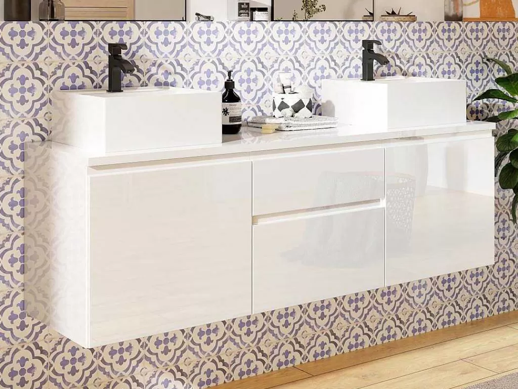 Móvel Lavatório Duplo*Vente-unique Conjunto Suspenso Para Casa De Banho Com Lavatório Duplo Cor Branco - Jimena