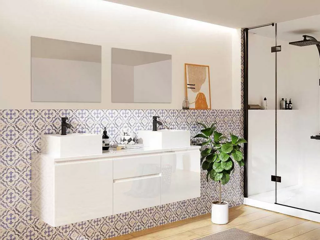 Móvel Lavatório Duplo*Vente-unique Conjunto Suspenso Para Casa De Banho Com Lavatório Duplo E Espelhos Cor Branco - Jimena