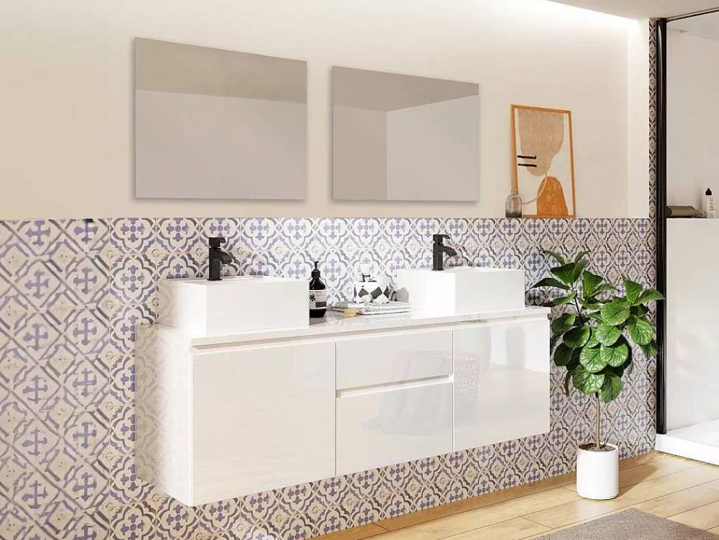 Móvel Lavatório Duplo*Vente-unique Conjunto Suspenso Para Casa De Banho Com Lavatório Duplo E Espelhos Cor Branco - Jimena