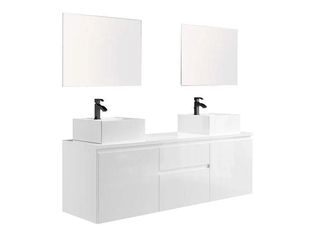 Móvel Lavatório Duplo*Vente-unique Conjunto Suspenso Para Casa De Banho Com Lavatório Duplo E Espelhos Cor Branco - Jimena