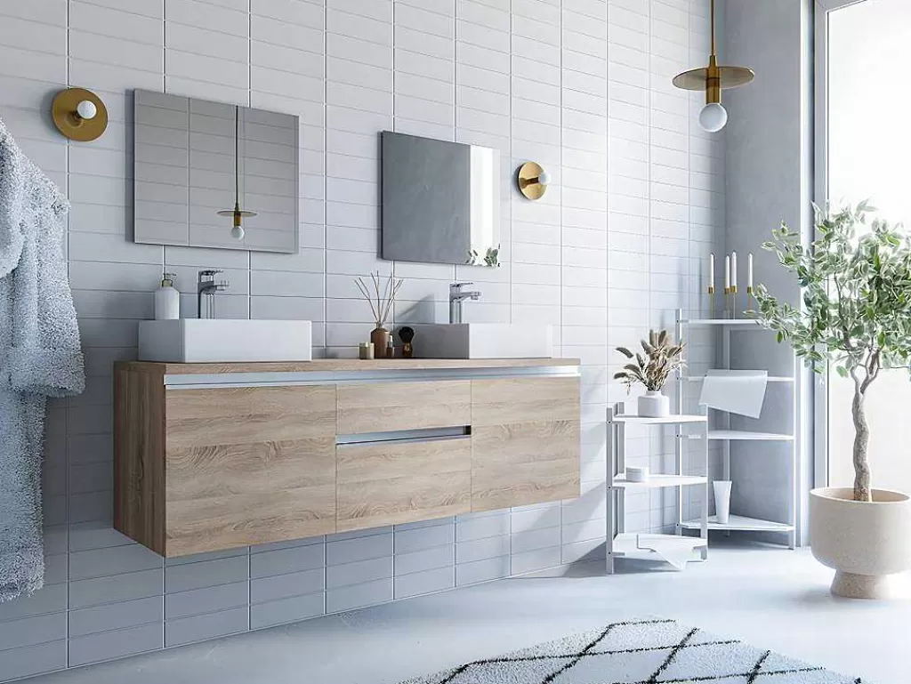Móvel Lavatório Duplo*Vente-unique Conjunto Suspenso Para Casa De Banho Com Lavatório Duplo E Espelhos Cor Carvalho - Jimena