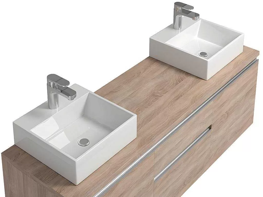Móvel Lavatório Duplo*Vente-unique Conjunto Suspenso Para Casa De Banho Com Lavatório Duplo E Espelhos Cor Carvalho - Jimena
