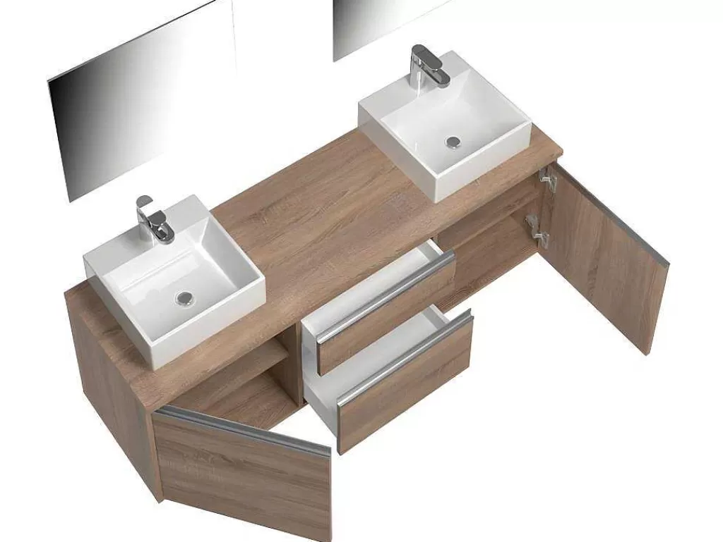 Móvel Lavatório Duplo*Vente-unique Conjunto Suspenso Para Casa De Banho Com Lavatório Duplo E Espelhos Cor Carvalho - Jimena