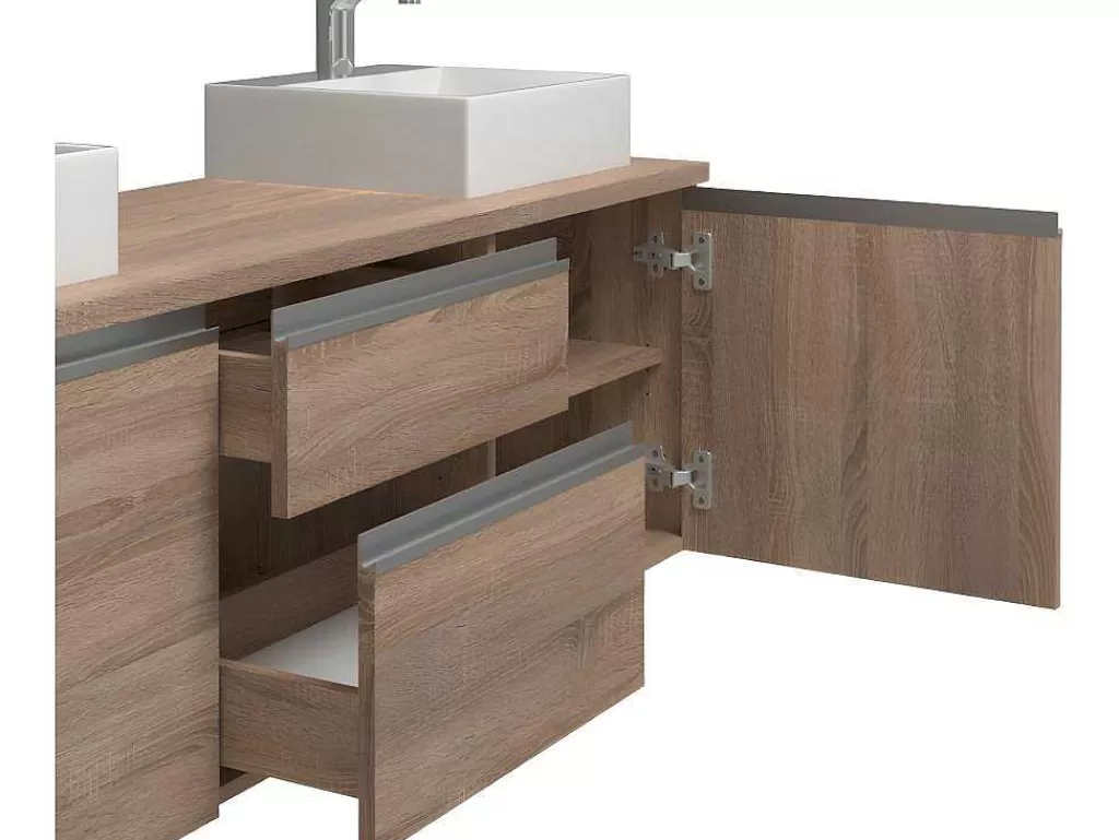 Móvel Lavatório Duplo*Vente-unique Conjunto Suspenso Para Casa De Banho Com Lavatório Duplo E Espelhos Cor Carvalho - Jimena