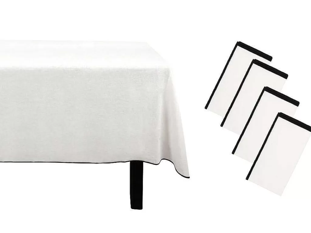 Têxteis De Mesa*OZAIA Conjunto Toalha + 4 Guardanapos De Mesa Em Linho E Algodao, Borda Preta, Branco, 170 X 300 Cm - Borina