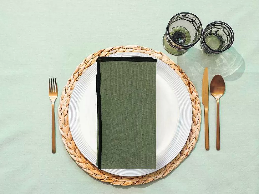 Têxteis De Mesa*OZAIA Conjunto Toalha + 4 Guardanapos De Mesa Em Linho E Algodao, Borda Preta, Caqui, 170 X 170 Cm - Borina