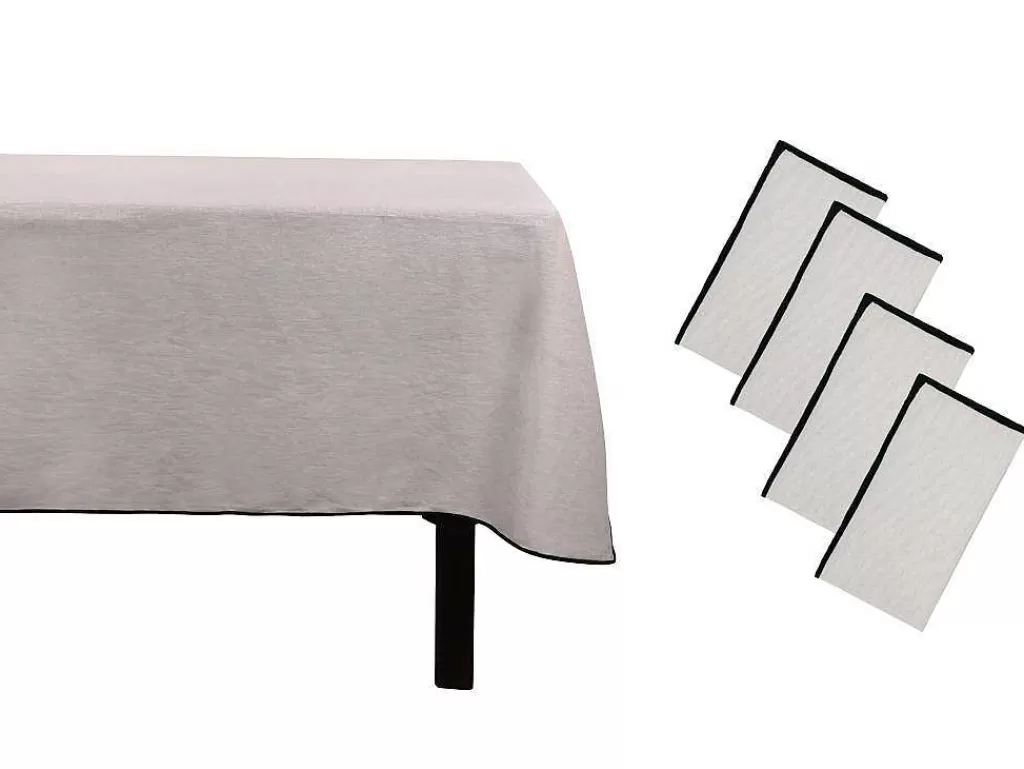 Têxteis De Mesa*OZAIA Conjunto Toalha + 4 Guardanapos De Mesa Em Linho E Algodao, Borda Preta, Taupe, 170 X 300 Cm - Borina