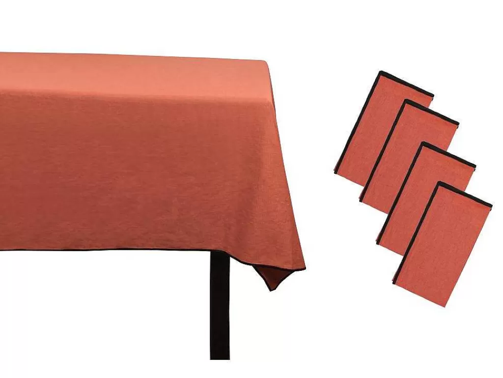 Têxteis De Mesa*OZAIA Conjunto Toalha + 4 Guardanapos De Mesa Em Linho E Algodao, Borda Preta, Terracota, 170 X 170 Cm - Borina