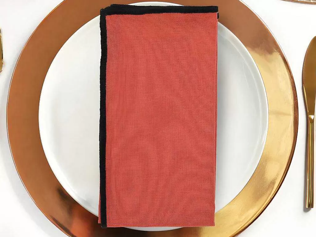 Têxteis De Mesa*OZAIA Conjunto Toalha + 4 Guardanapos De Mesa Em Linho E Algodao, Borda Preta, Terracota, 170 X 250 Cm - Borina