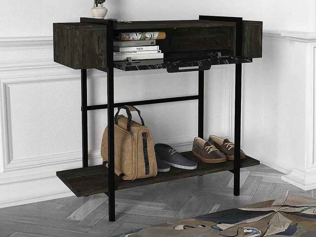 Consola*Vente-unique Consola Com 1 Porta E 1 Prateleira Natural Escuro E Efeito Marmore Preto - Chenoa