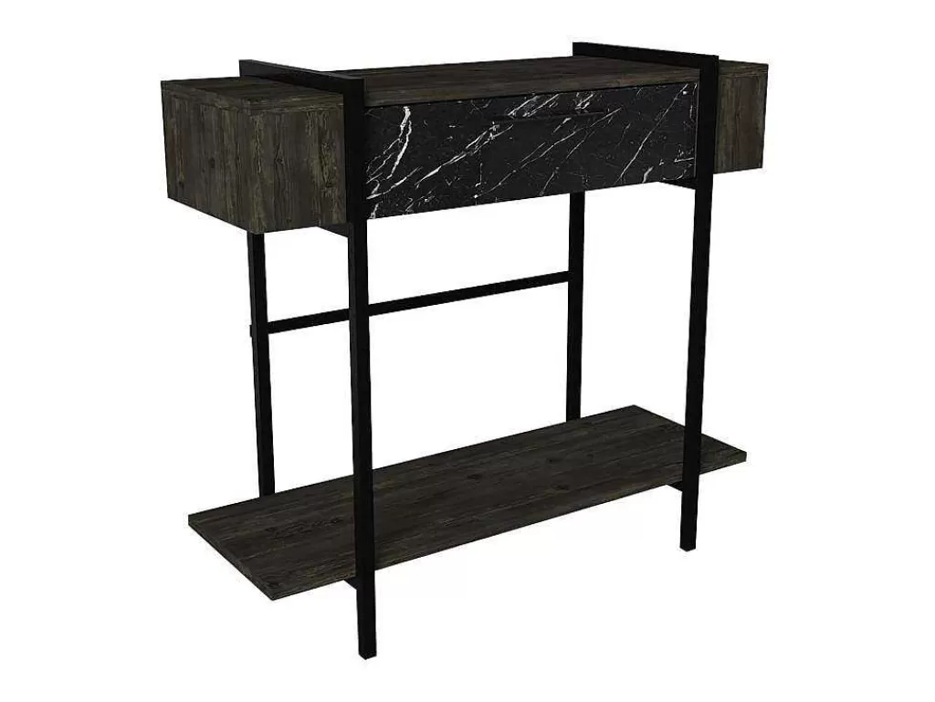 Consola*Vente-unique Consola Com 1 Porta E 1 Prateleira Natural Escuro E Efeito Marmore Preto - Chenoa