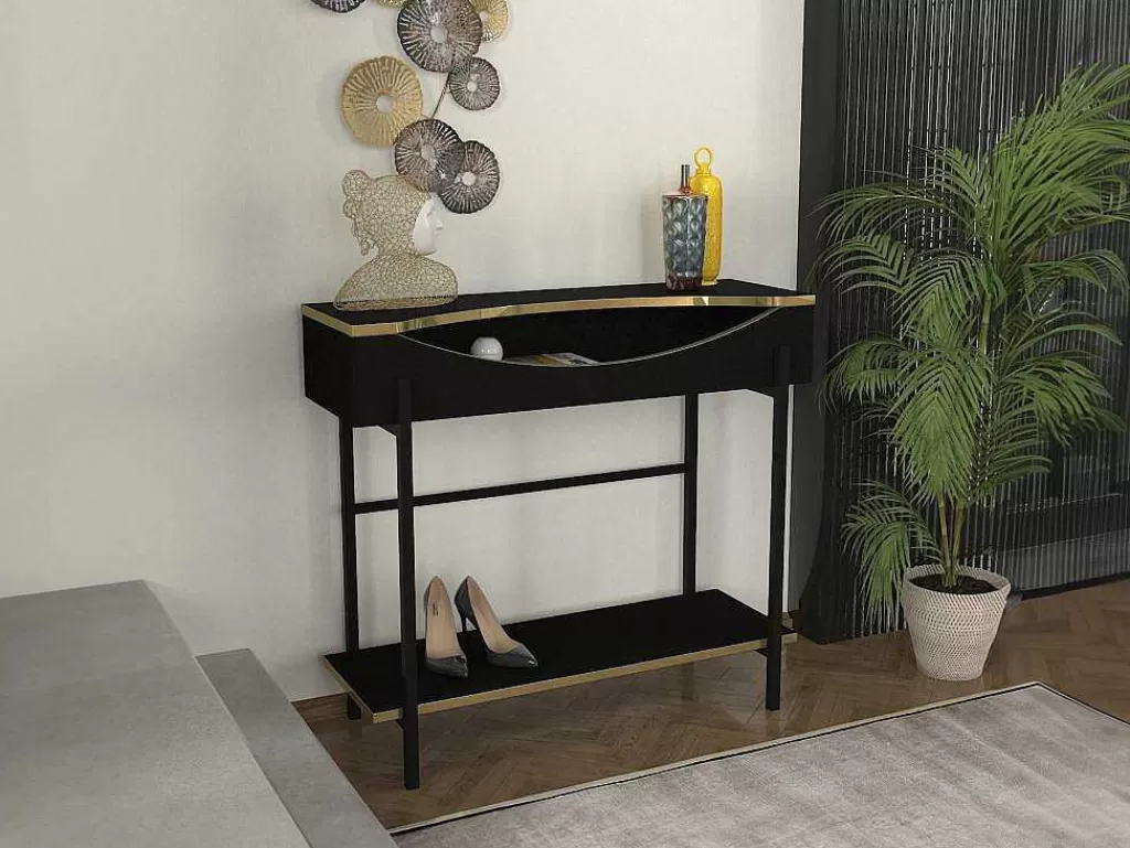 Promoções Sala*Vente-unique Consola Com 1 Prateleira E 1 Nicho Preto E Dourado - Meriova
