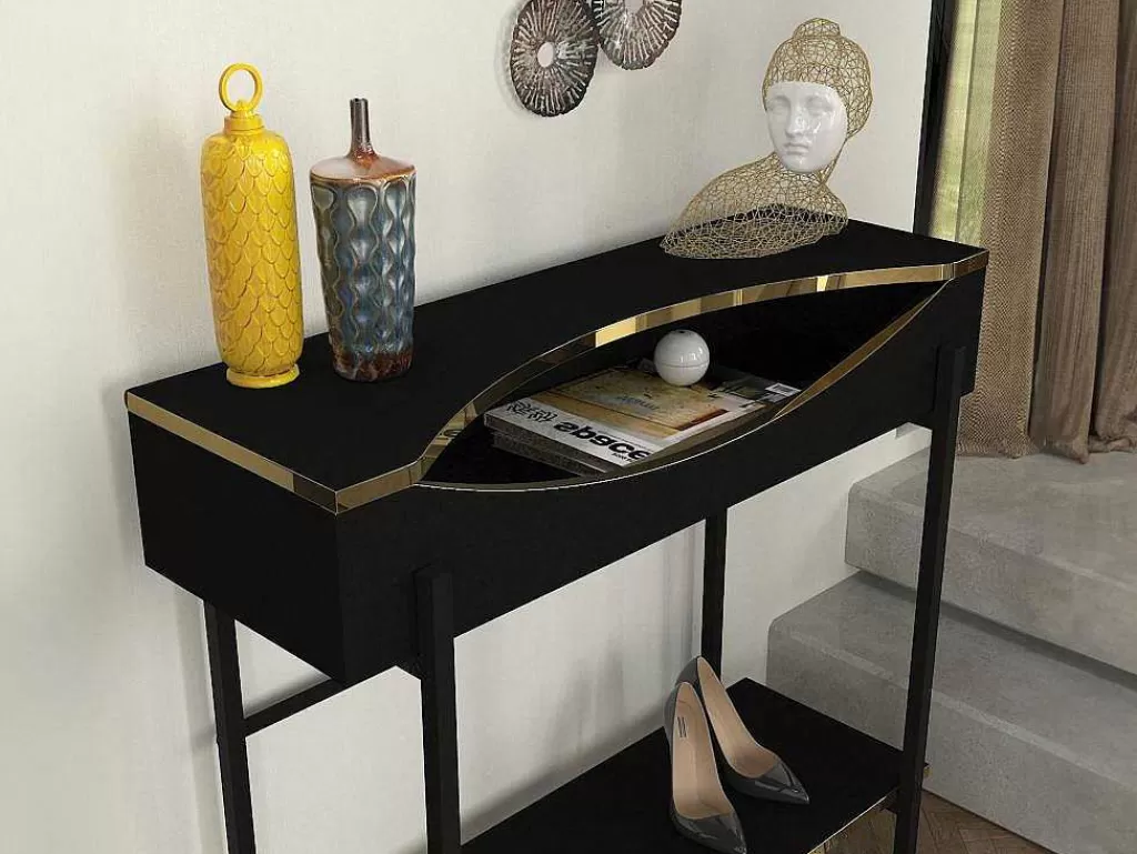 Promoções Sala*Vente-unique Consola Com 1 Prateleira E 1 Nicho Preto E Dourado - Meriova