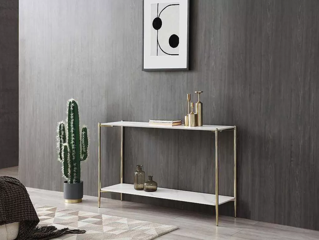 Consola*Vente-unique Consola Com 1 Prateleira Em Ceramica E Metal, Efeito Marmore Branco E Dourado - Madola