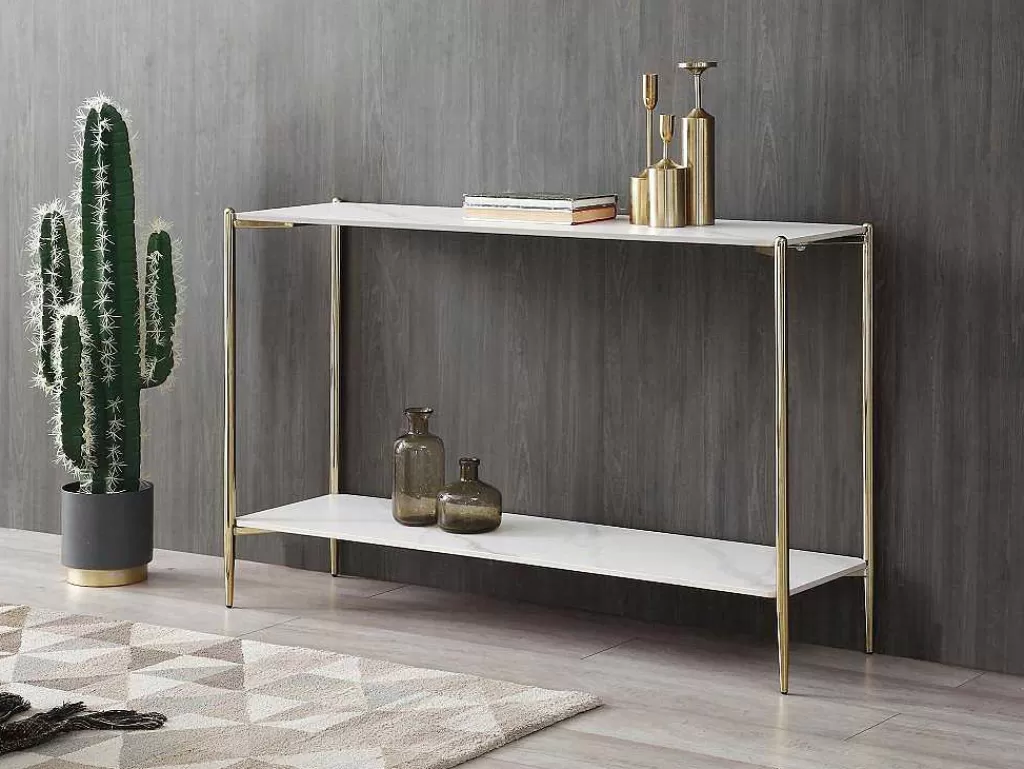 Consola*Vente-unique Consola Com 1 Prateleira Em Ceramica E Metal, Efeito Marmore Branco E Dourado - Madola