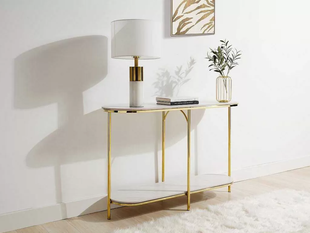 Consola*Vente-unique Consola Em Ceramica E Metal Dourado, Efeito Marmore Branco - Caloura