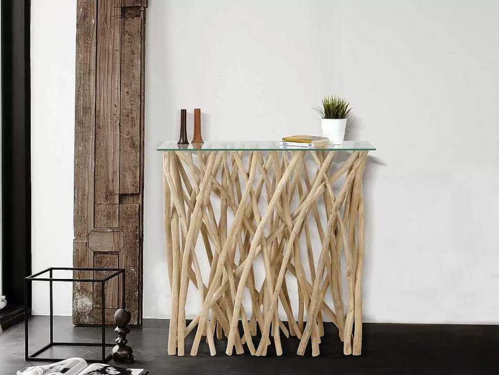 Consola*Vente-unique Consola Em Vidro Temperado E Teca Cor Natural - Gayana