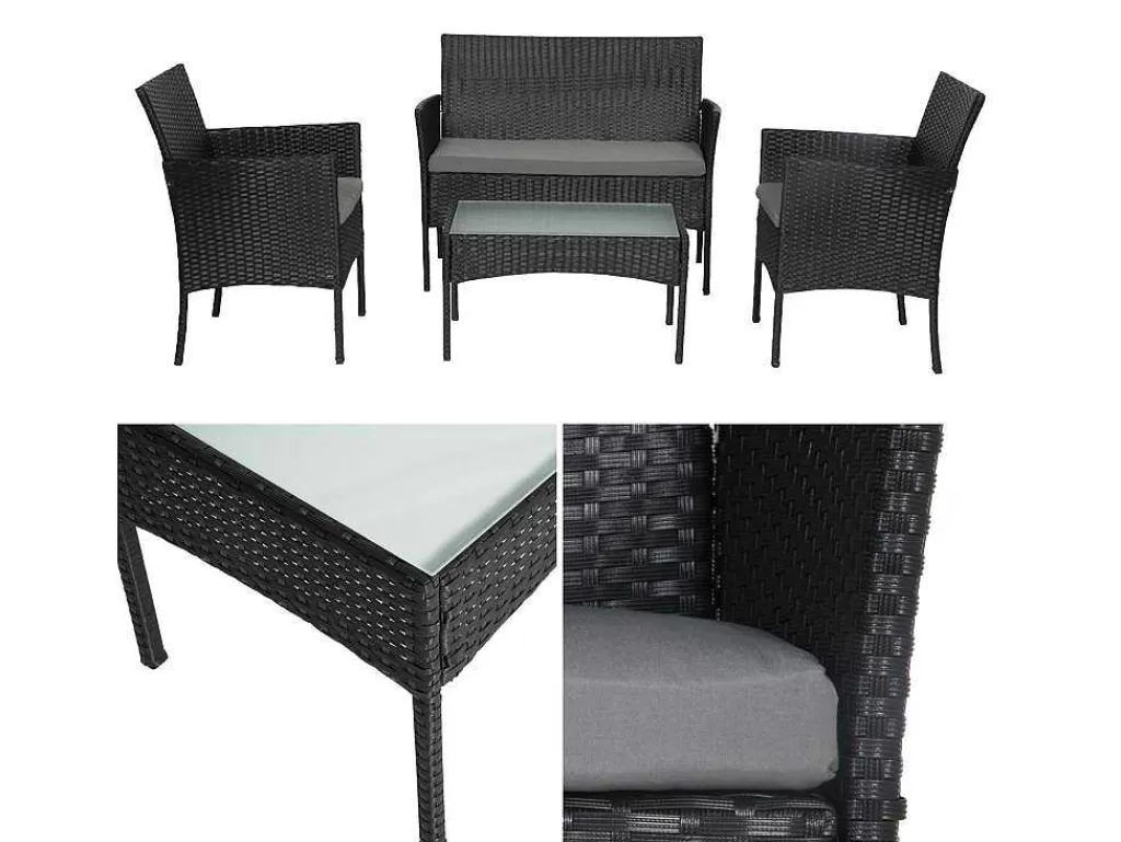 Conjunto Relax De Jardim*Happy Garden Cordoue Mobiliário De Jardim Conjunto Em Resina Tecida Preta 4 Lugares - Almofadas Cinzentas