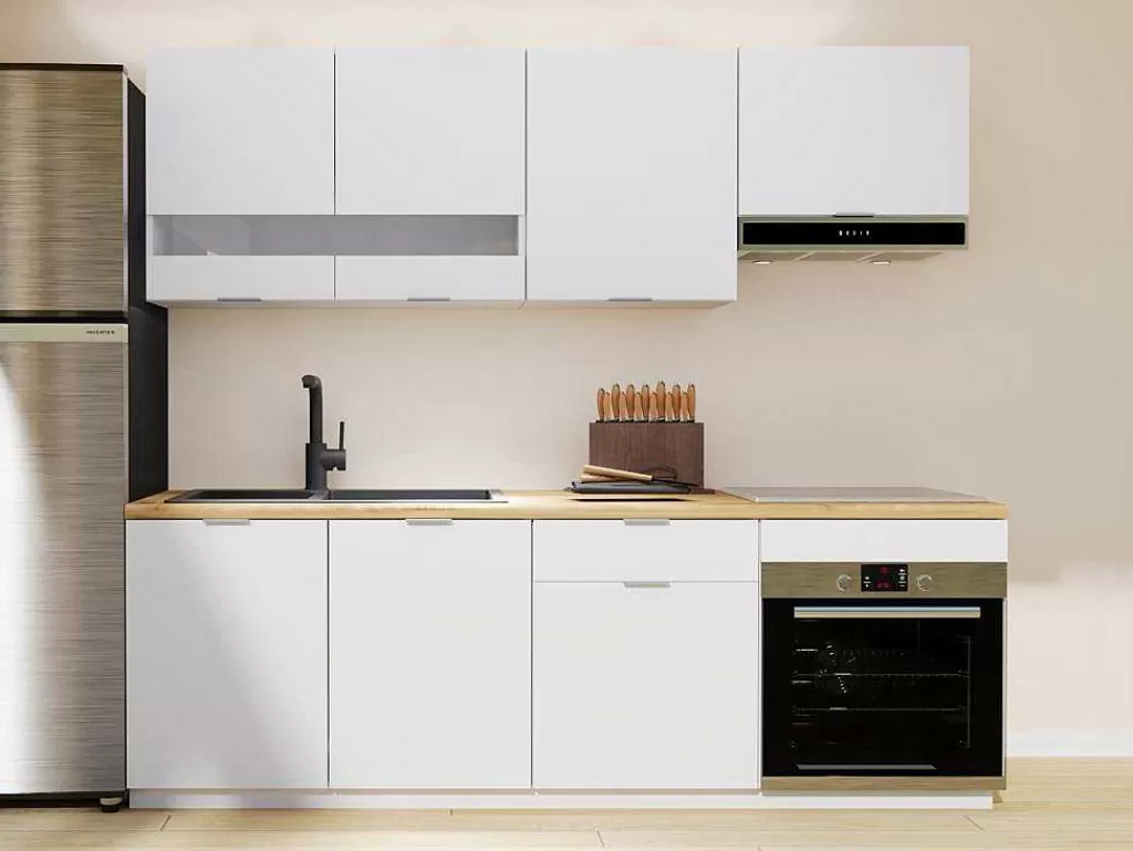 Móvel De Cozinha*Vente-unique Cozinha Completa 200 Cm, 6 Elementos De Arrumação, Branco E Natural - Carmeo