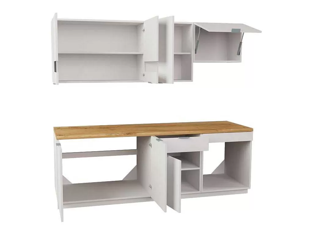 Móvel De Cozinha*Vente-unique Cozinha Completa 200 Cm, 6 Elementos De Arrumação, Branco E Natural - Carmeo