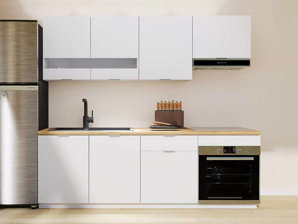 Móvel De Cozinha*Vente-unique Cozinha Completa 200 Cm, 6 Elementos De Arrumação, Branco E Natural - Carmeo