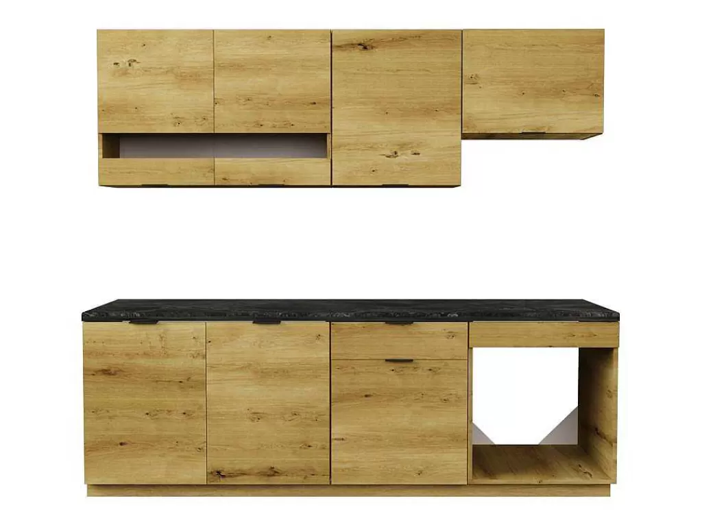 Móvel De Cozinha*Vente-unique Cozinha Completa 200 Cm, 6 Elementos De Arrumação, Natural E Antracite - Carmeo