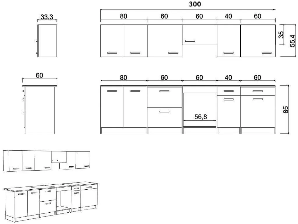 Móvel De Cozinha*Vente-unique Cozinha Completa 300 Cm 10 Elementos De Arrumação Branco - Trattoria