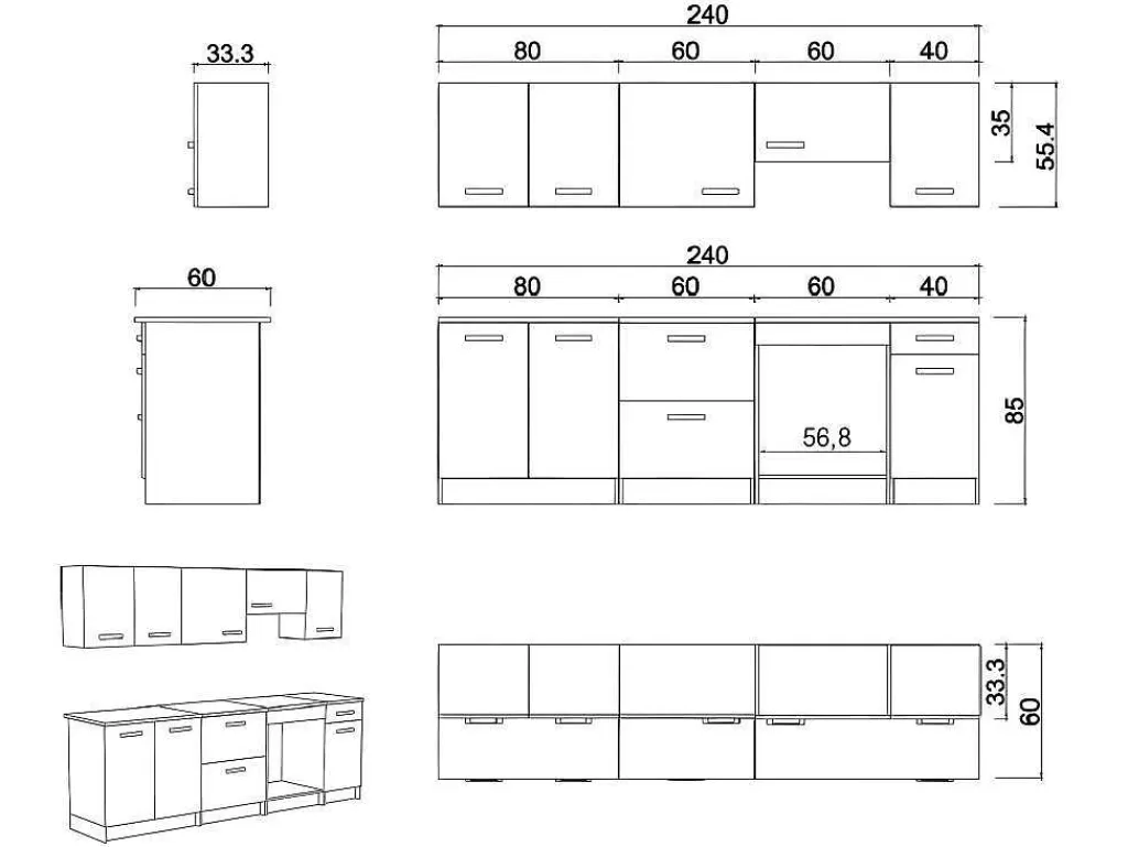 Móvel De Cozinha*Vente-unique Cozinha Completa De 240 Cm Com 8 Compartimentos De Arrumação Cor Branco - Trattoria