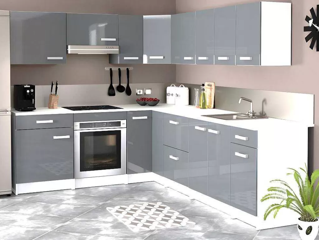 Móvel De Cozinha*Vente-unique Cozinha Completa De Canto, 13 Elementos De Arrumação, Cinzento E Branco - Trattoria