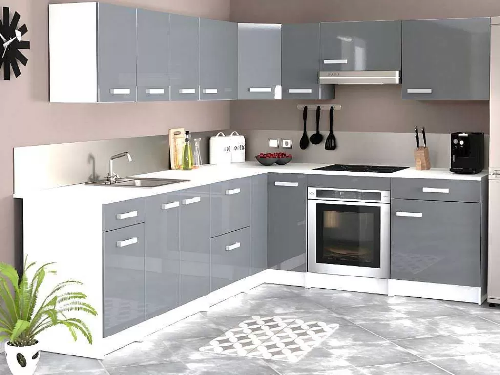 Móvel De Cozinha*Vente-unique Cozinha Completa De Canto, 13 Elementos De Arrumação, Cinzento E Branco - Trattoria