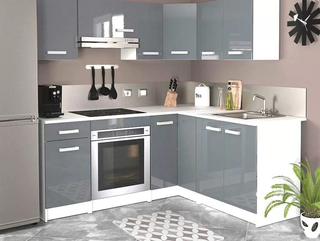 Promoções Sala*Vente-unique Cozinha Completa De Canto 9 Elementos De Arrumação Cinzento E Branco - Trattoria
