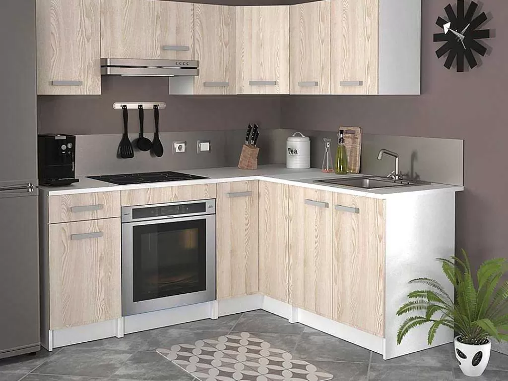 Móvel De Cozinha*Vente-unique Cozinha Completa De Canto, 9 Elementos De Arrumação, Natural E Branco - Trattoria