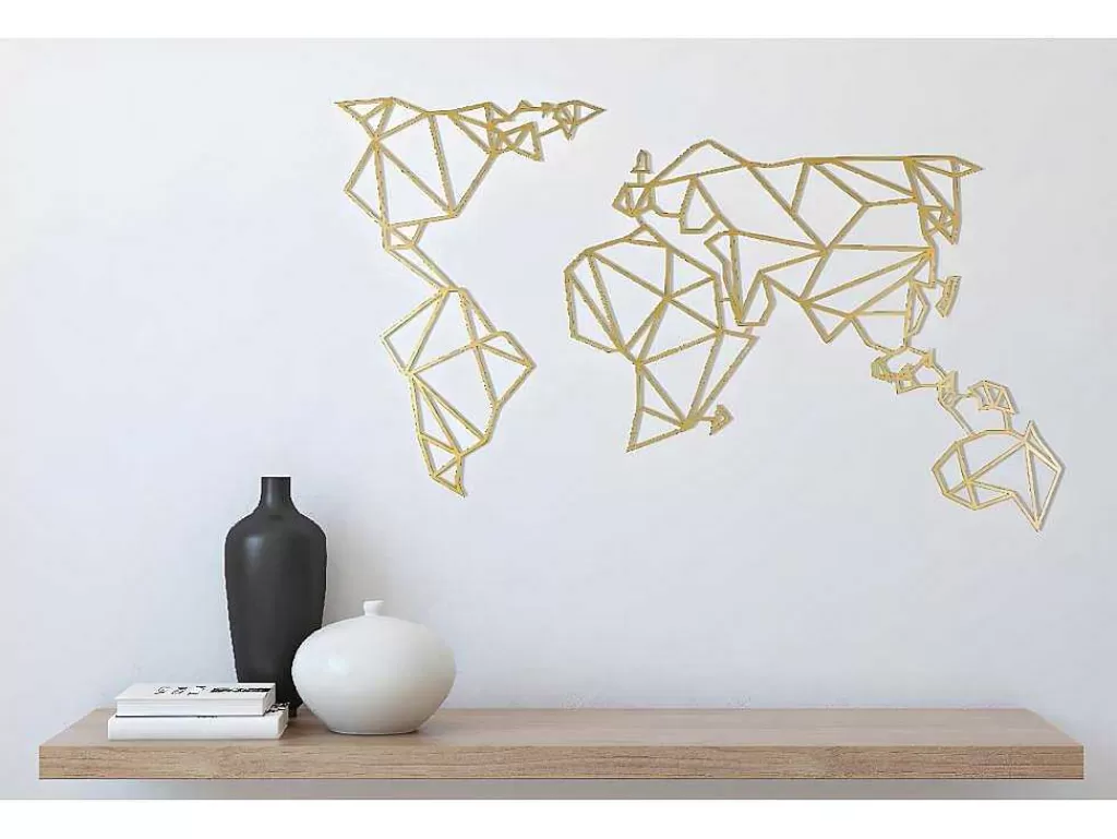 Placa De Parede Decorativa*EPIKASA Decoração Metalica Mapa Do Mundo 18, Ouro, 100X1,5X58 Cm,