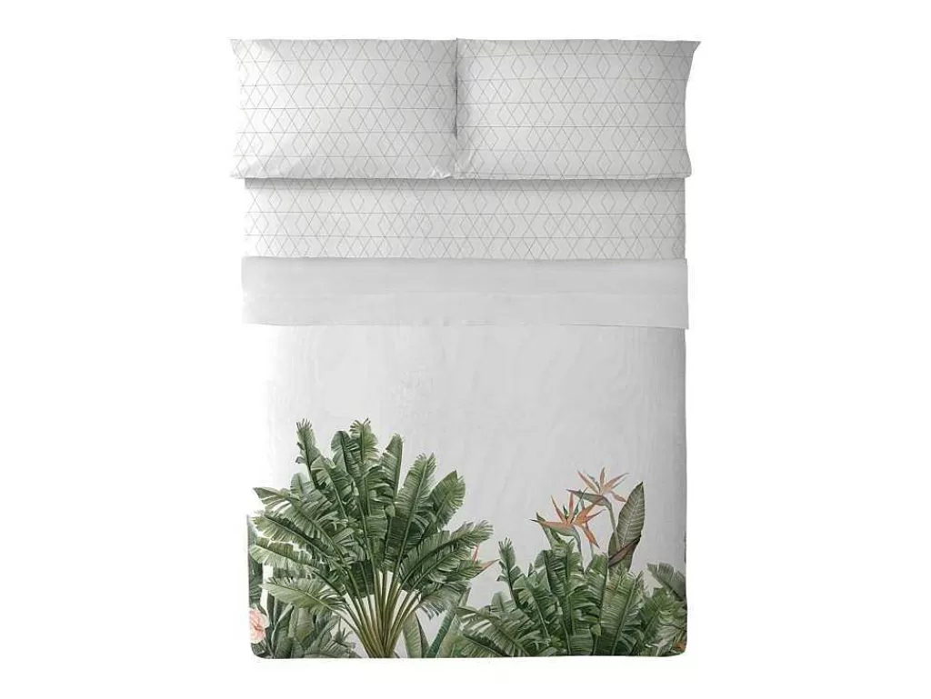 Roupa De Cama*Purline Drap De Dessus 100% Coton 1 Piece Blanc A Motifs Jungle 240X240