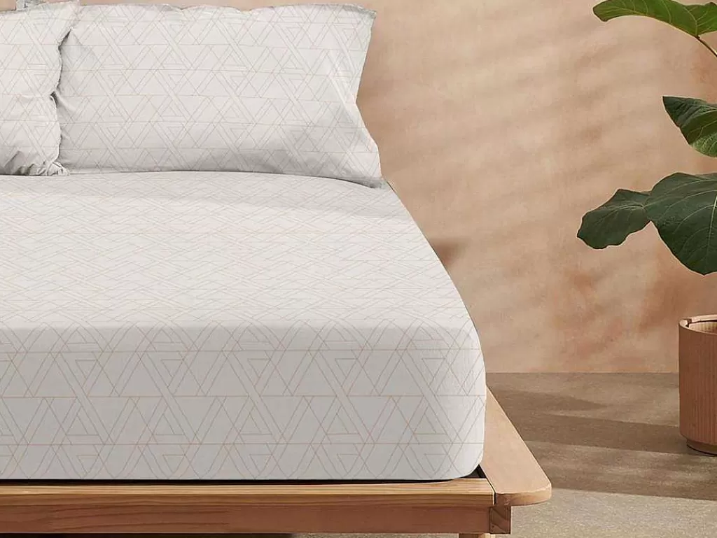 Roupa De Cama*Purline Drap Housse 100% Coton 1 Piece Beige A Triangles 160X200