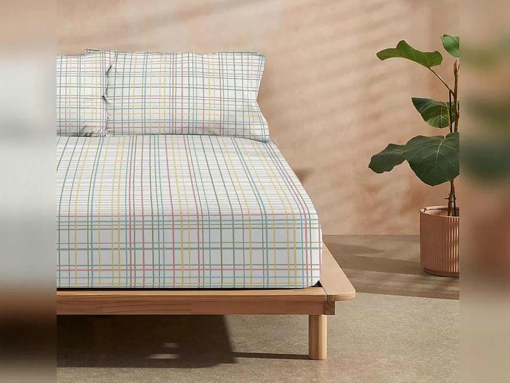 Roupa De Cama*Purline Drap Housse 100% Coton 1 Piece Blanc A Lignes Pastels 140X200