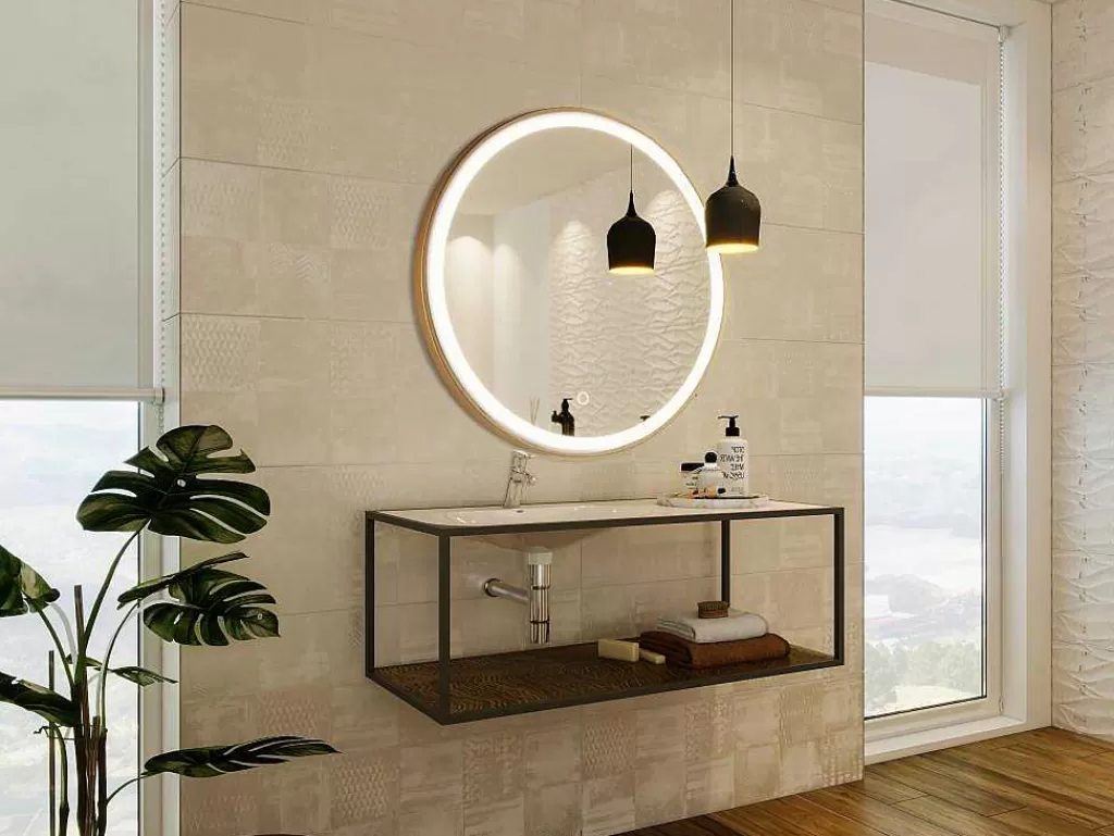 Acessórios De Casa De Banho*OZAIA Espelho De Casa De Banho Luminoso Redondo Dourado Com Leds D80 Cm - Numea