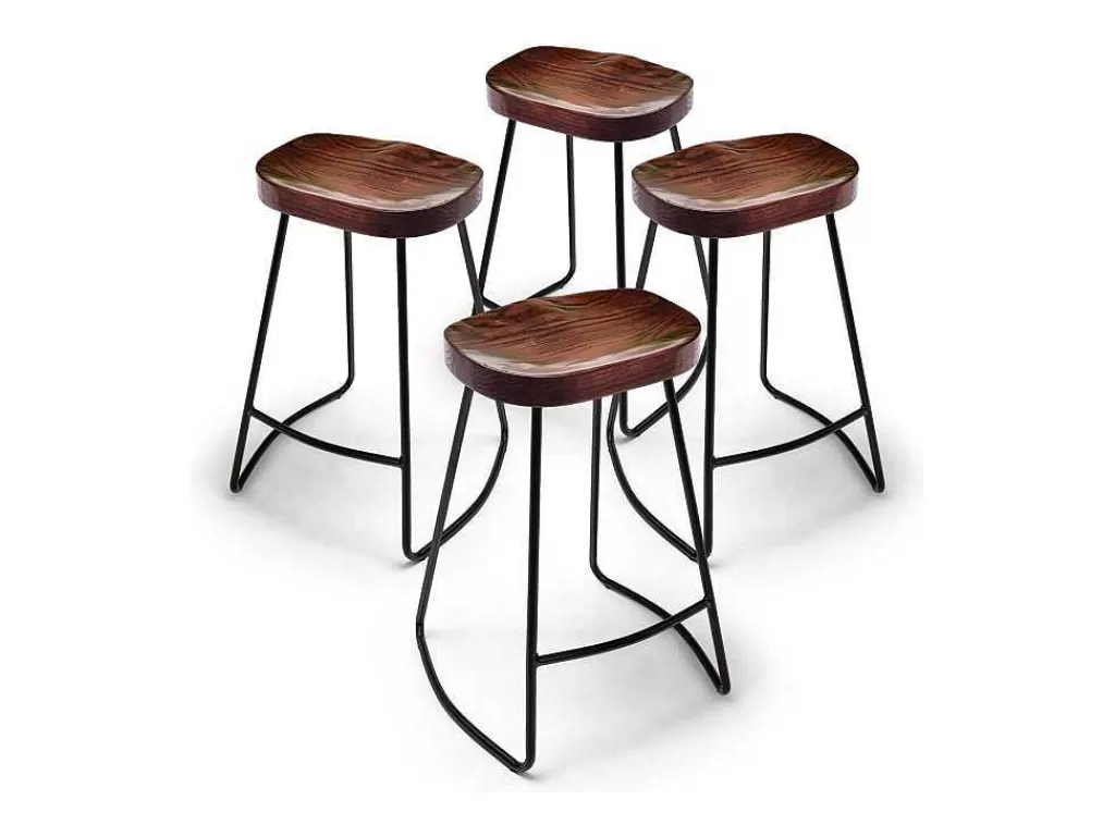 Bancos De Bar*Frankystar Fuji - Conjunto De 4 Bancos De Metal Com Assento De Madeira De Olmo Macico