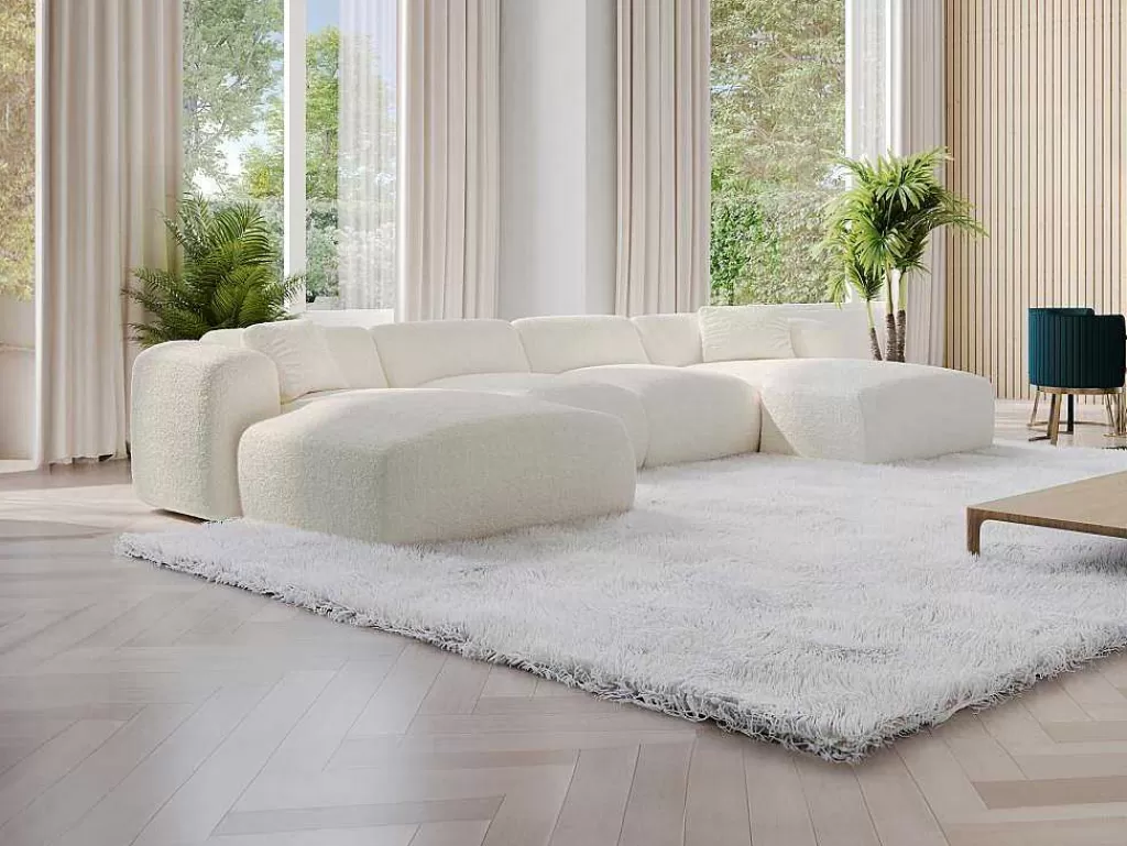 Promoções Sofás & Poltronas*Maison Céphy Grande Sofá De Canto Panorâmico Tecido Boucle Branco - Pogni De Maison Cephy