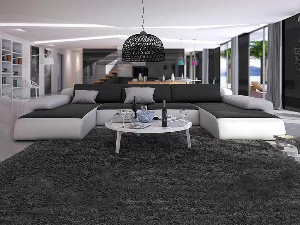 Sofá Panorâmico*Vente-unique Grande Sofá Panorâmico 7 Lugares Em Pele Sintética Duas Cores: Branco E Preto Com Almofadas Cinzentas Escuras -Sicile